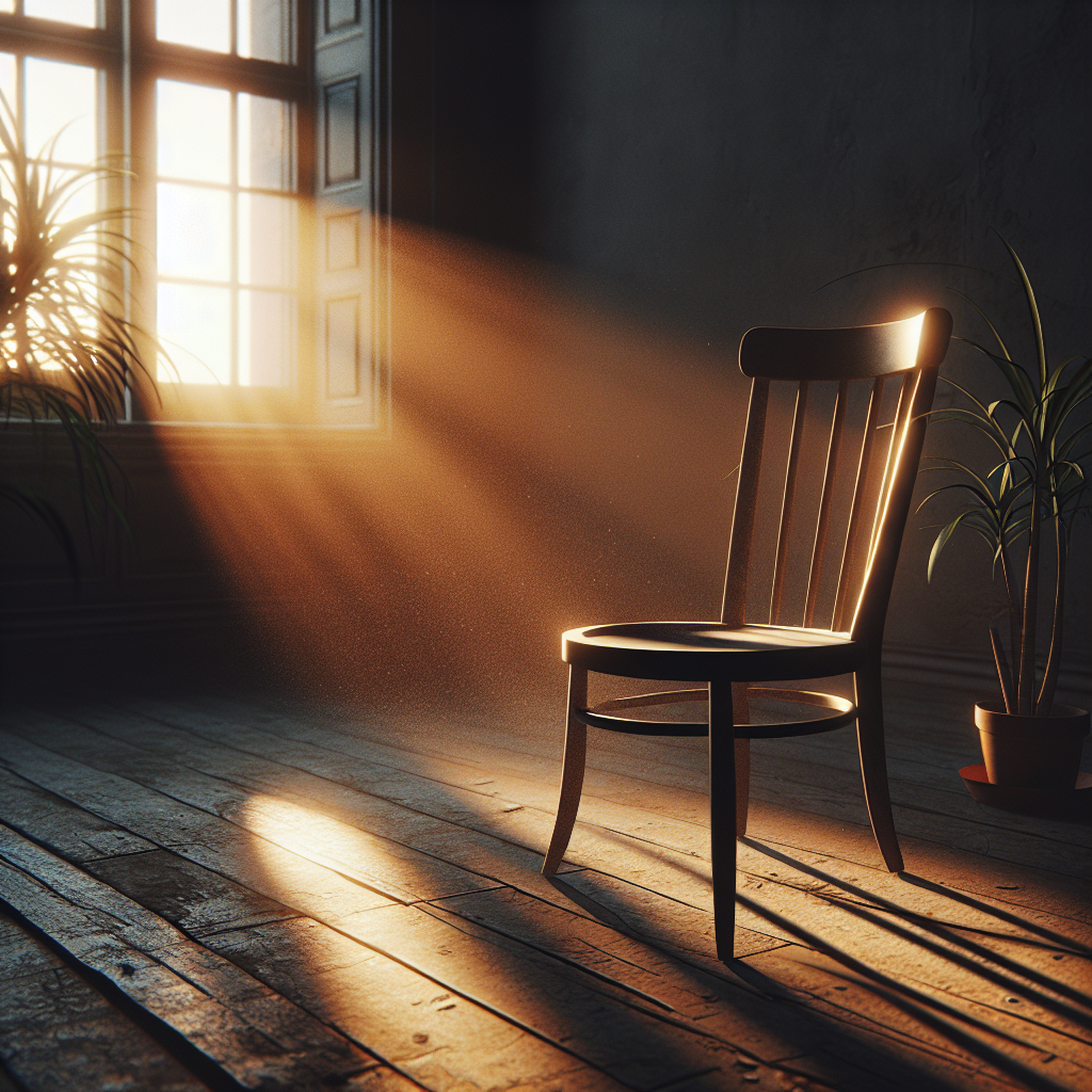 An empty chair in warm sunlight by a window, symbolizing peaceful presence and belonging