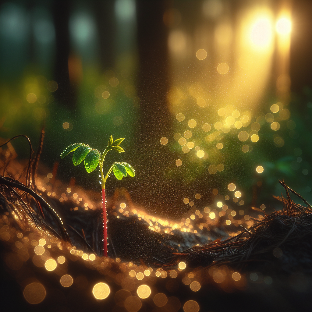 A delicate green sapling emerging from dark soil with morning dew on its leaves