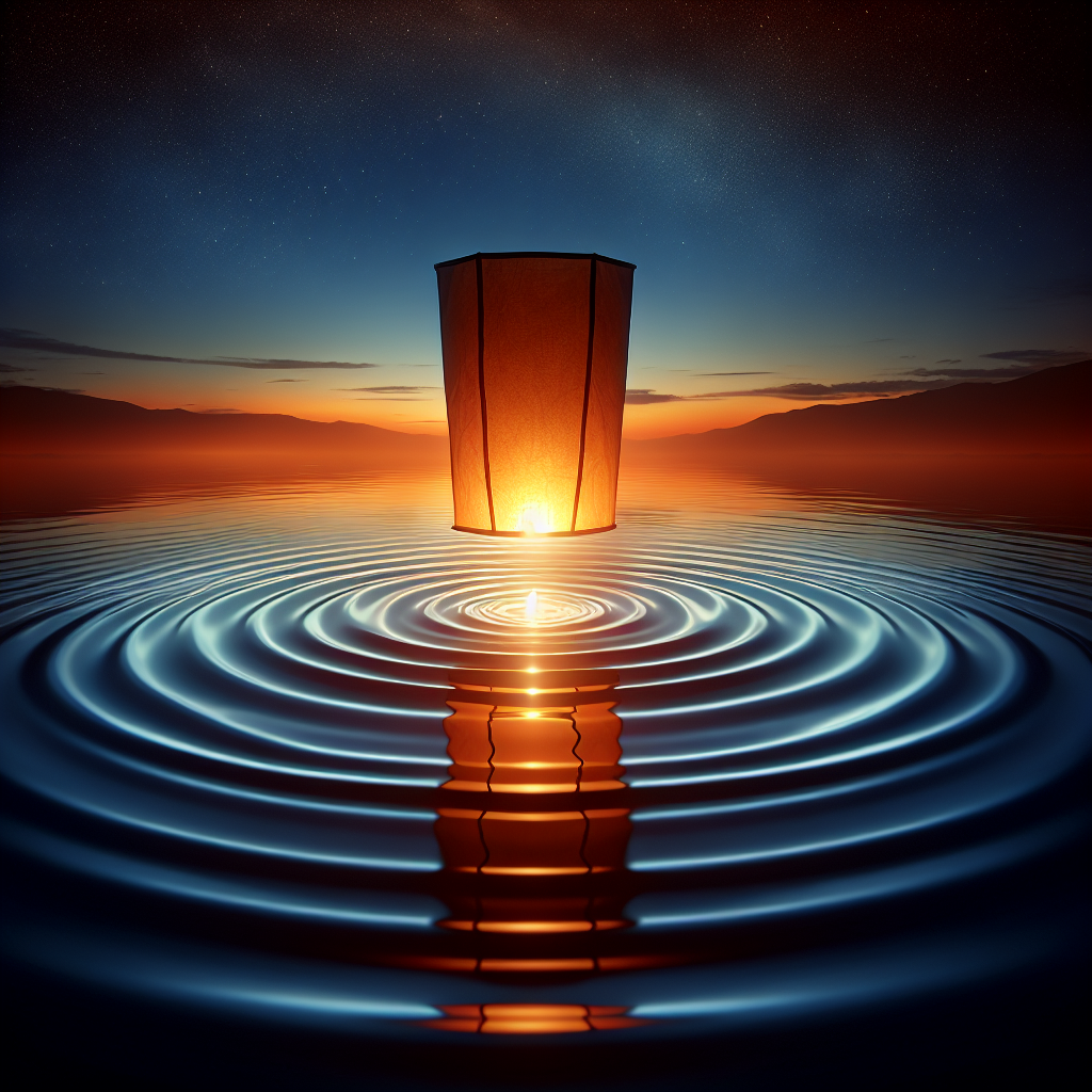 A glowing paper lantern creating gentle ripples of light across tranquil water at dusk