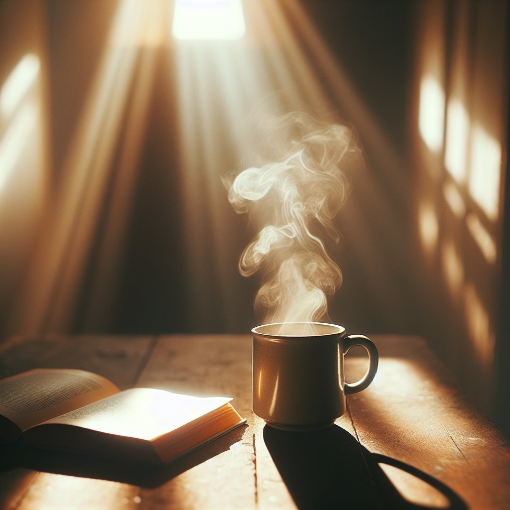 Warm morning sunlight illuminating a peaceful table with a steaming mug and open book