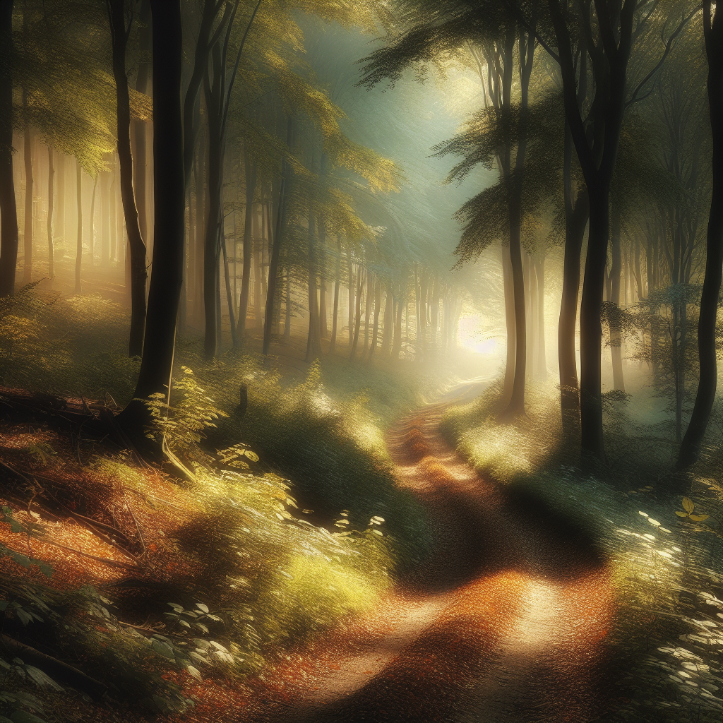 A misty forest path winding into gentle fog with warm sunlight filtering through the trees