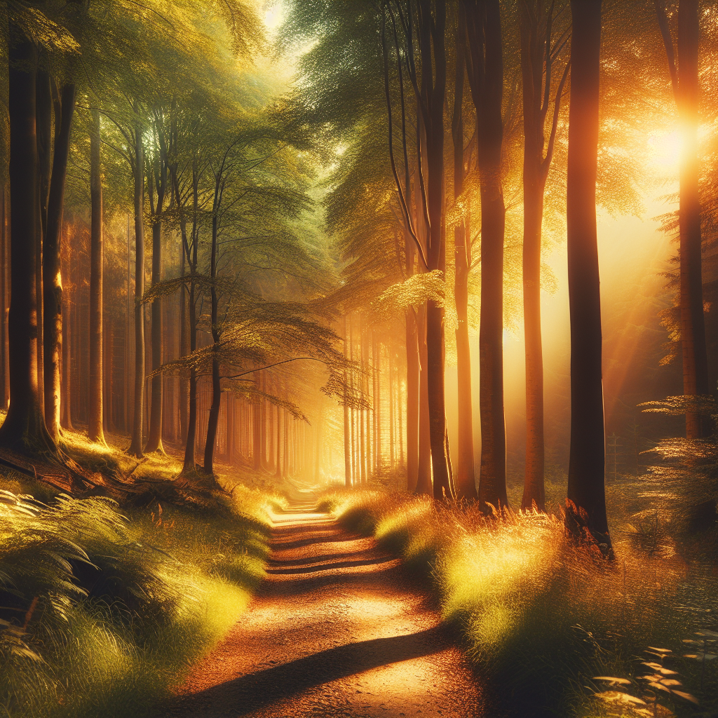 A tranquil forest path winding gently upward through sunlit trees, representing personal progress at one's own pace