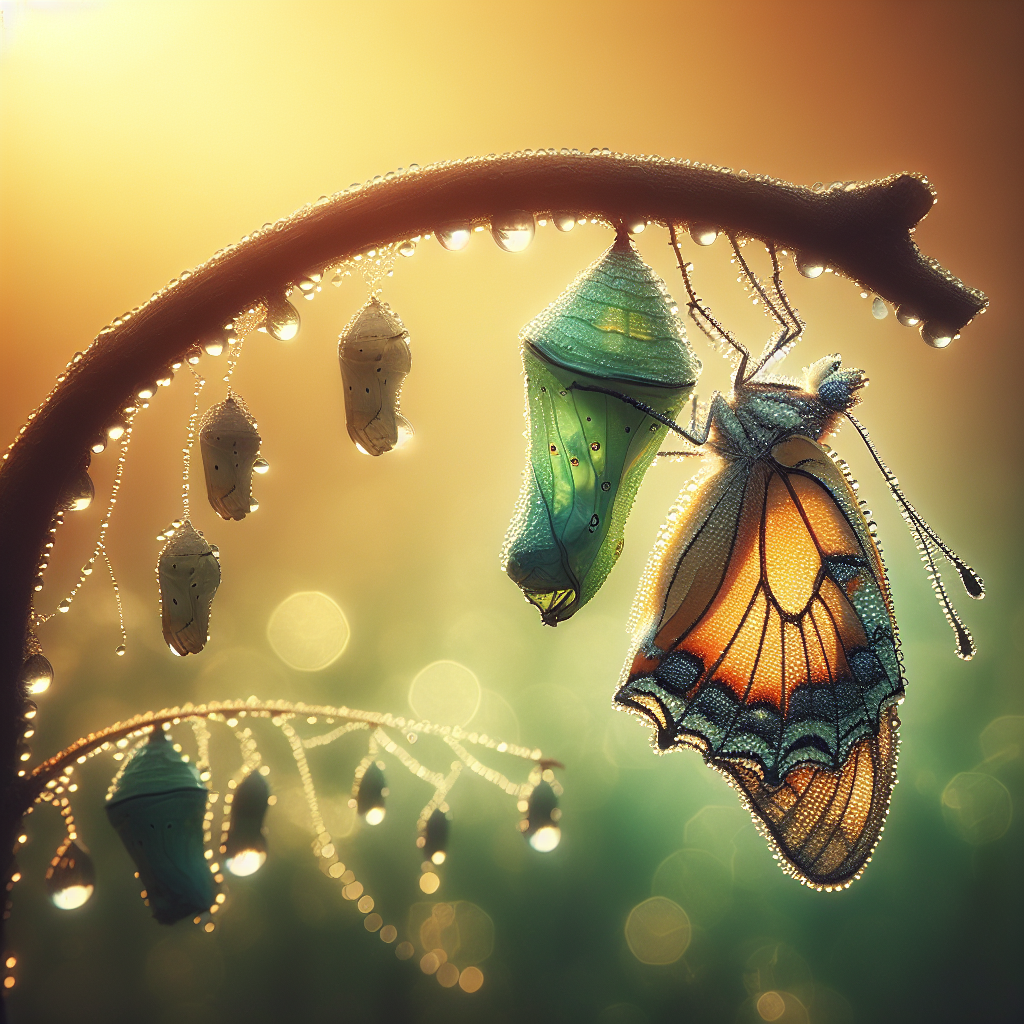 A butterfly emerging from its chrysalis in soft morning light, symbolizing transformation and growth