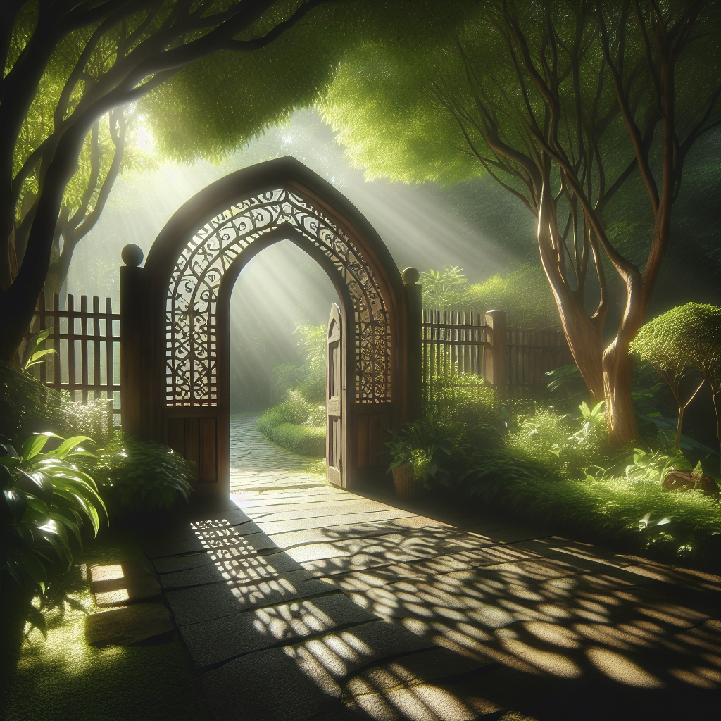 A peaceful garden gate framed by green foliage in soft natural light, symbolizing healthy boundaries and self-care