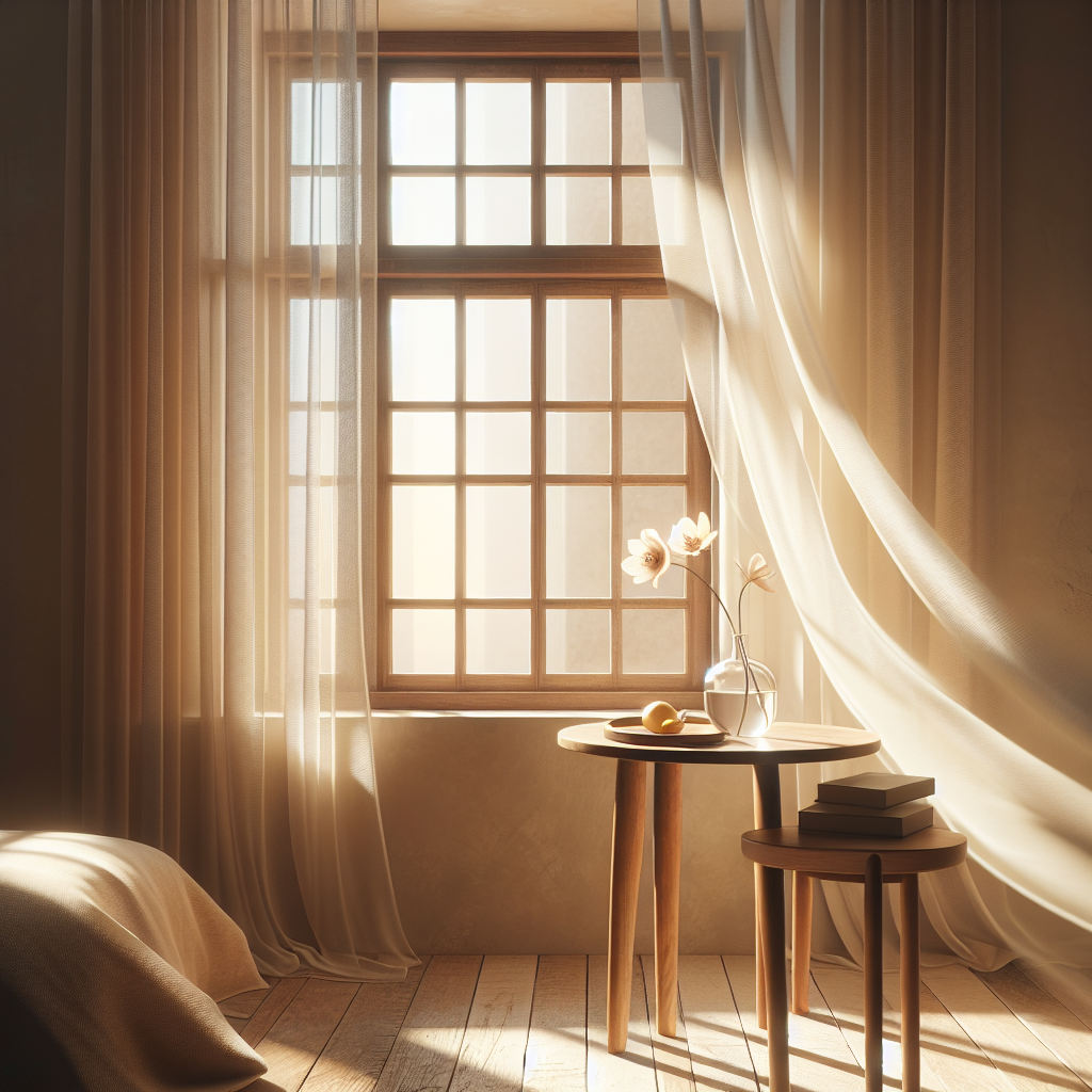 Sunlight streaming through an open window into a peaceful, minimalist room with a single flower on a table