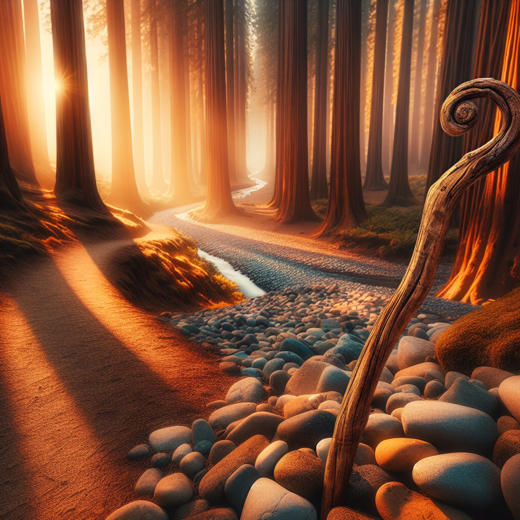 A peaceful forest trail bathed in warm sunlight with a weathered walking stick beside river stones
