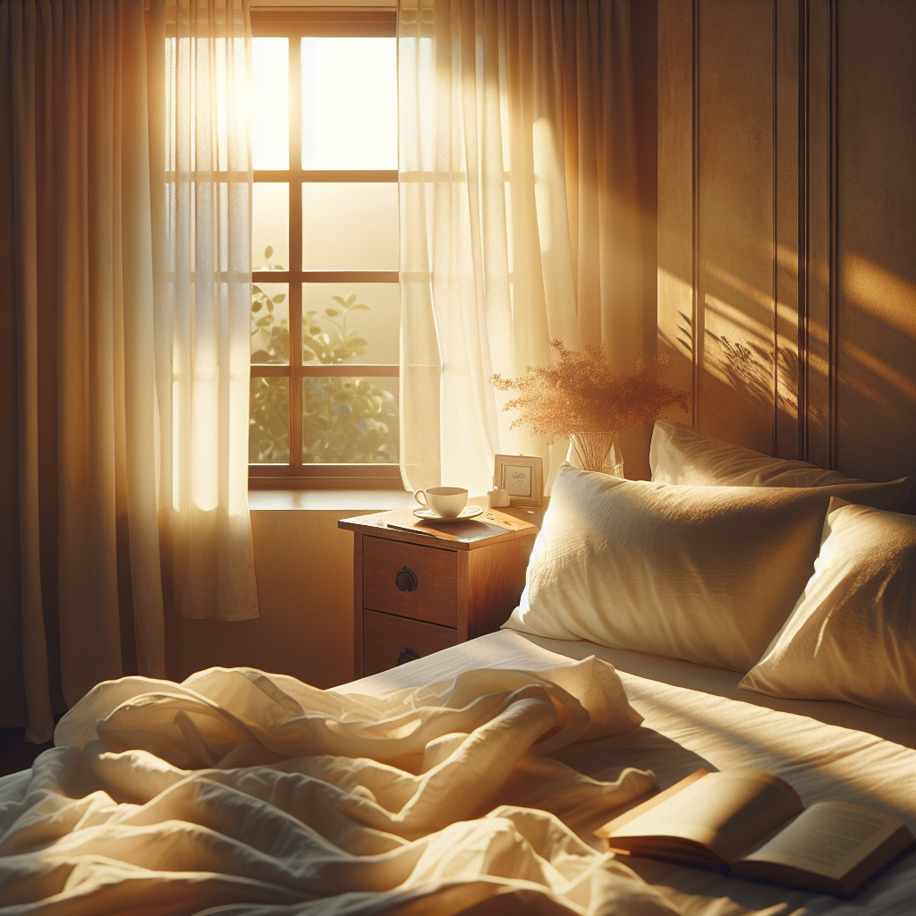 A peaceful bedroom with morning sunlight filtering through curtains onto rumpled white bedding