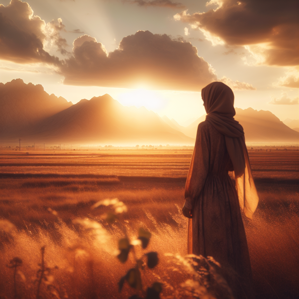 An open field stretching toward distant mountains under a golden sky, symbolizing endless possibility and forward movement.