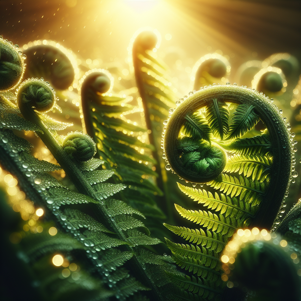 Delicate fern fronds with dewdrops catching morning light, representing natural growth and healing