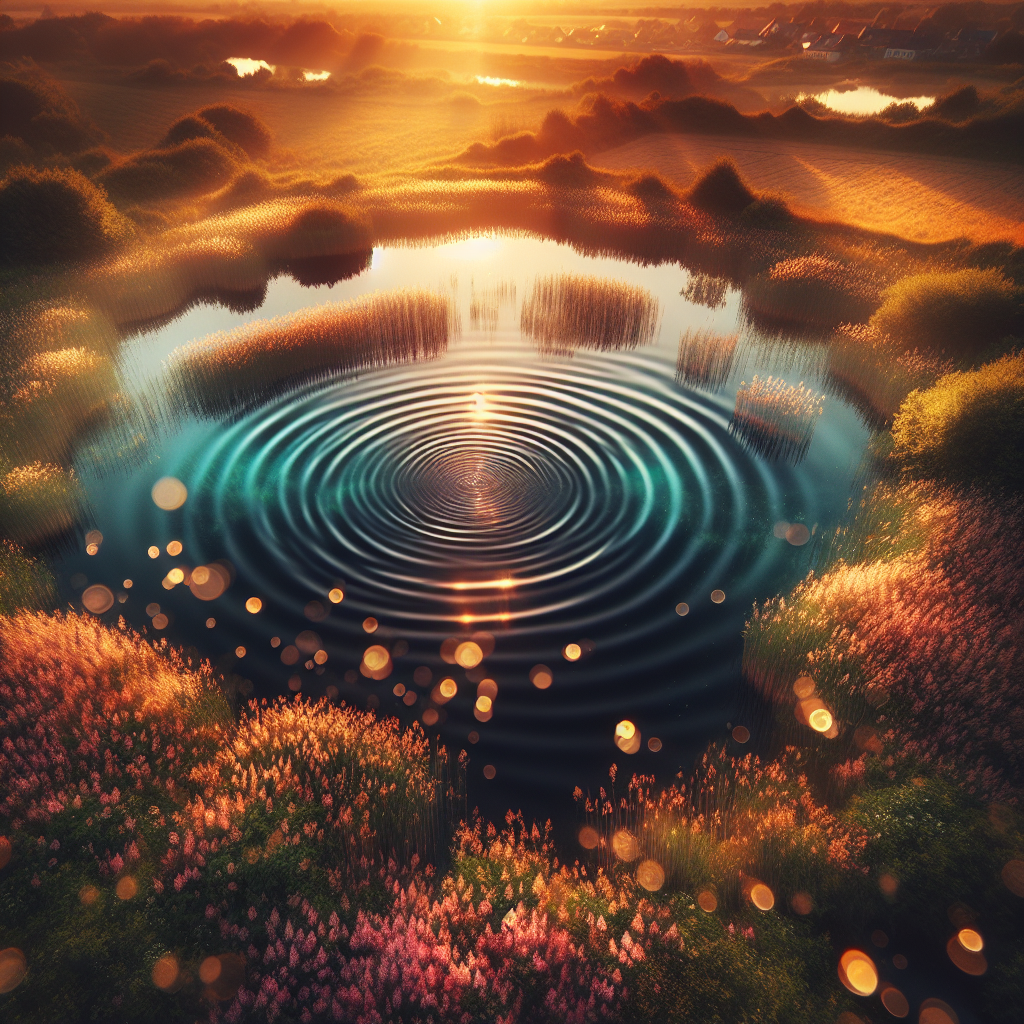 Gentle ripples spreading across a calm pond at sunset, symbolizing the far-reaching impact of small acts of kindness.