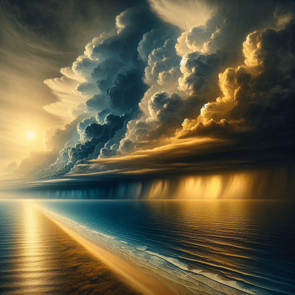 A peaceful coastal scene where calm waters meet distant storm clouds with golden light breaking through, symbolizing the coexistence of contrasting emotions.