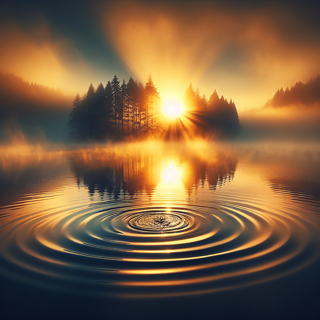 Golden sunrise light breaking through mist over a tranquil lake with gentle ripples spreading across the water's surface.