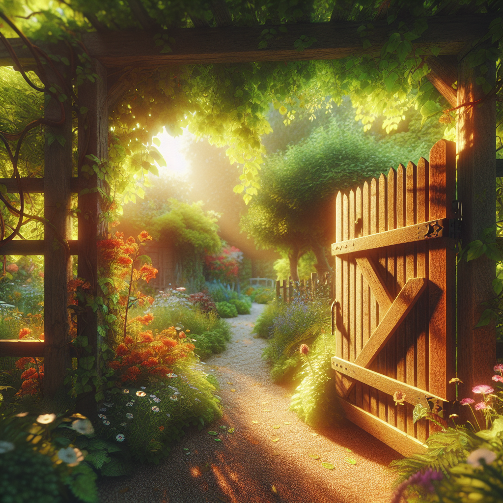 A wooden garden gate surrounded by flowering vines in warm afternoon light, symbolizing protection and nurturing growth