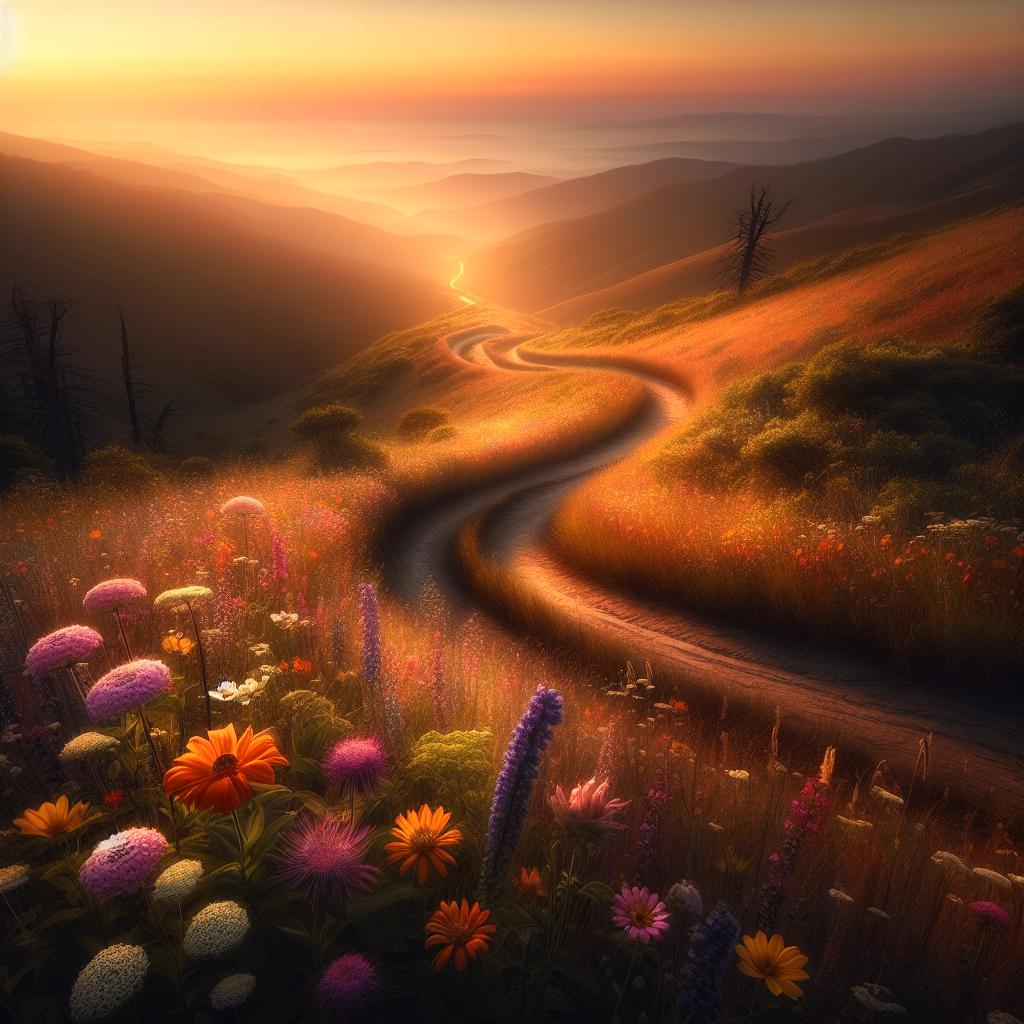 A sunlit path winding from darkness into light, bordered by emerging wildflowers