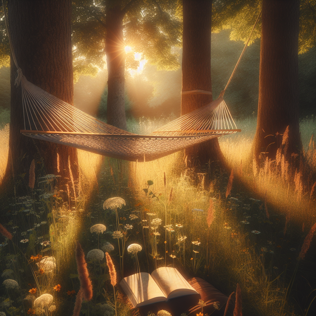 An empty hammock resting peacefully between trees in warm sunlight, symbolizing rest and inherent worth beyond productivity