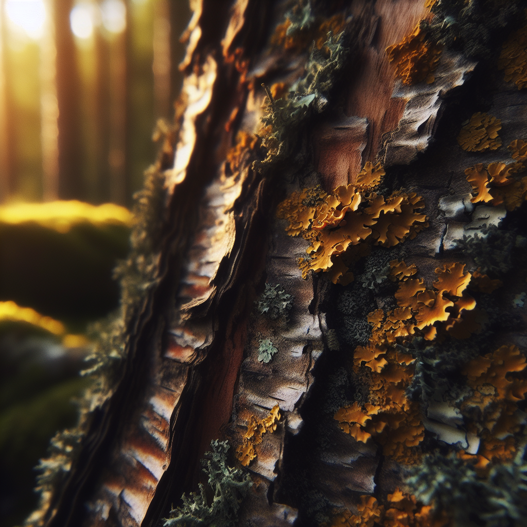 Textured tree bark with golden lichen growing in its natural grooves, illuminated by warm sunlight