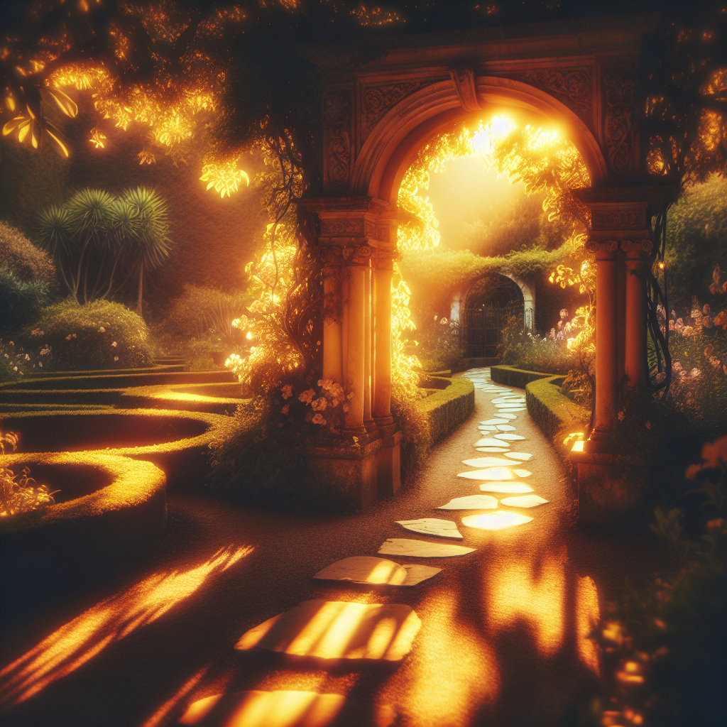 An open doorway bathed in golden light leading to a peaceful garden path