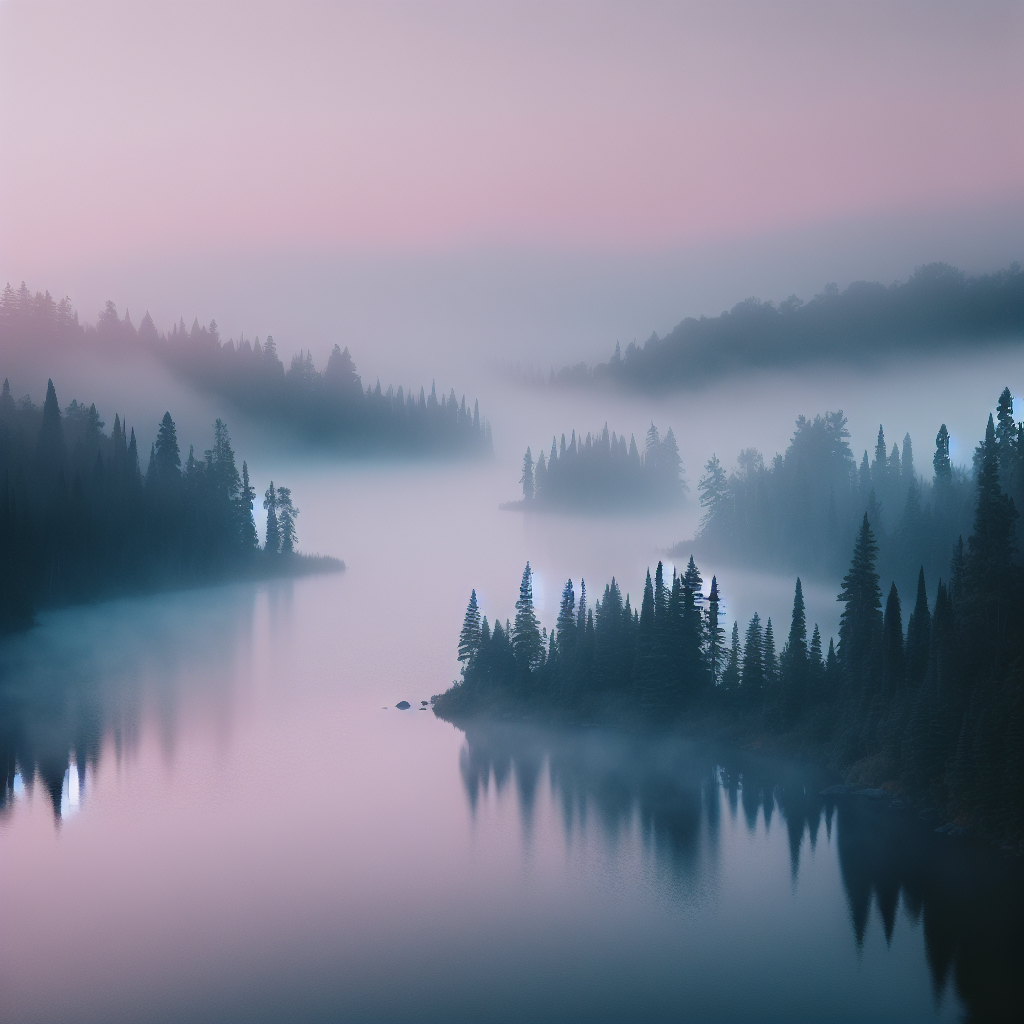 A calm misty lake at sunrise with mirror-like reflections and soft morning colors