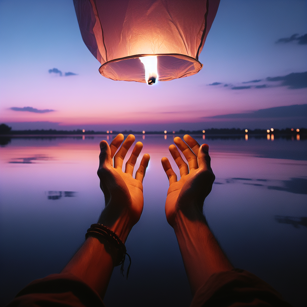 A glowing paper lantern floating upward into a peaceful twilight sky above still water