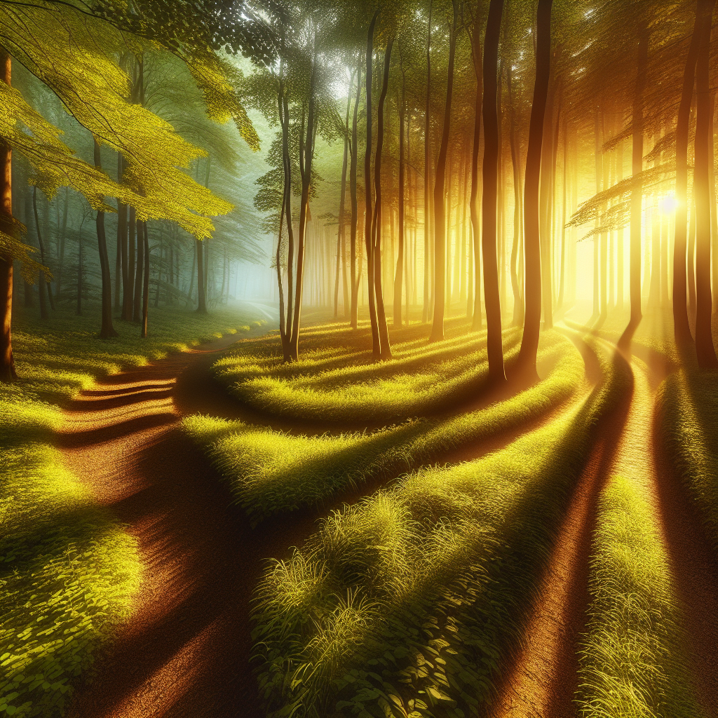 A serene forest path diverging into two trails under warm, filtered sunlight.