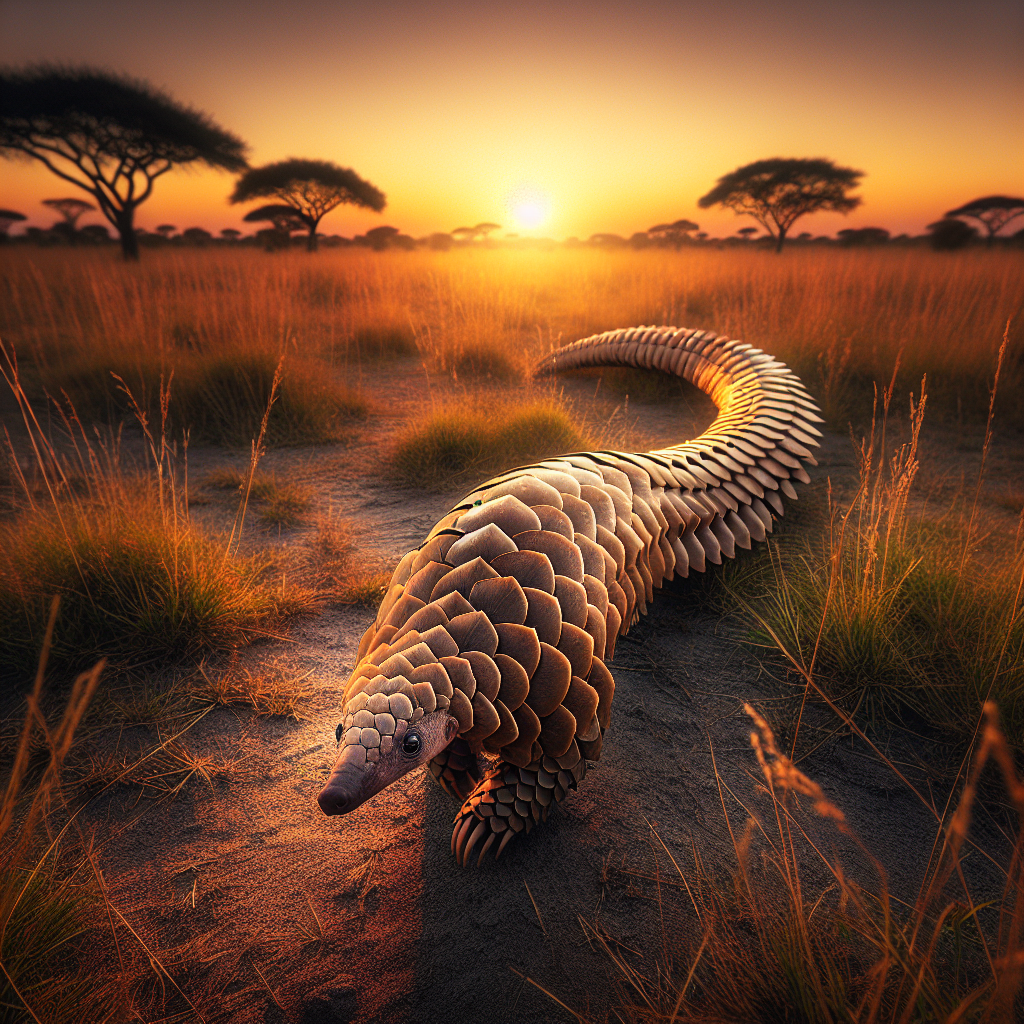 A pangolin with overlapping bronze scales walks through grassland, its armored body and long tail clearly visible in natural lighting.