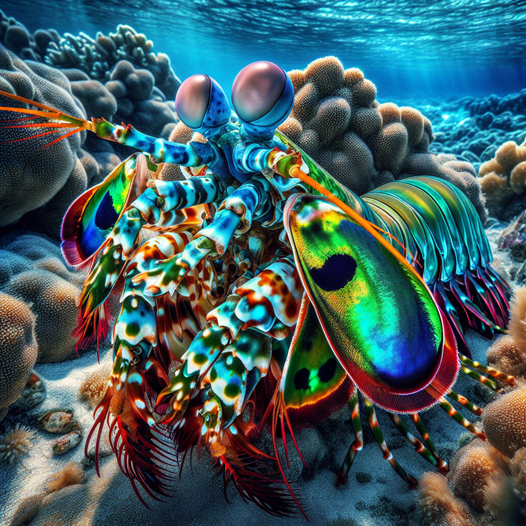 A colorful mantis shrimp with brilliant green, blue and orange patterns resting on coral, showing its large bulbous eyes and distinctive raptorial claws.