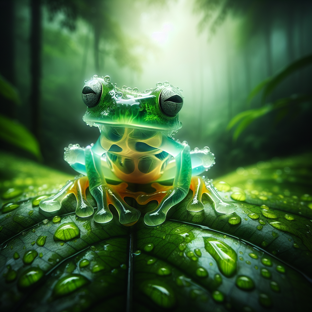 A small lime-green glass frog on a leaf showing its distinctive transparent belly through which its heart and organs are visible