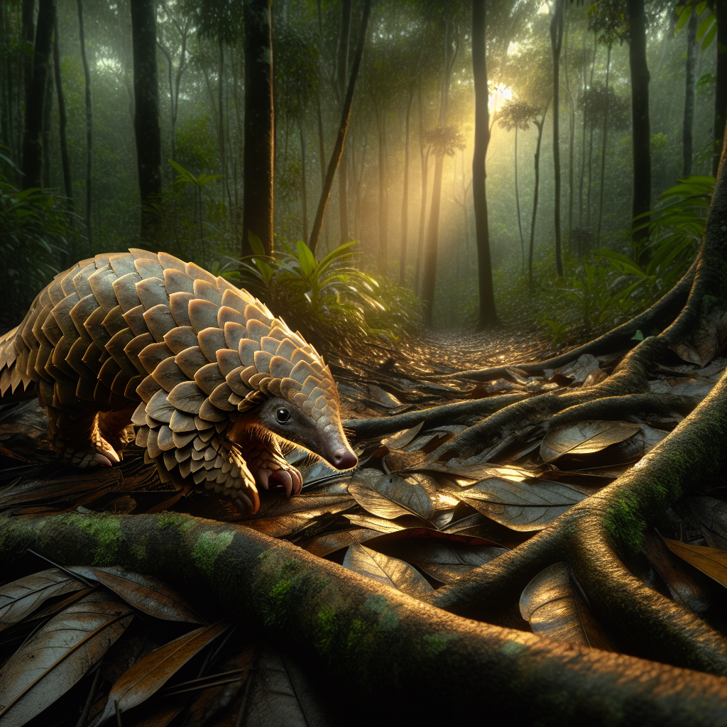 A scaly pangolin walking through a forest, showing its distinctive armor-like keratin scales covering its entire body and long tail.