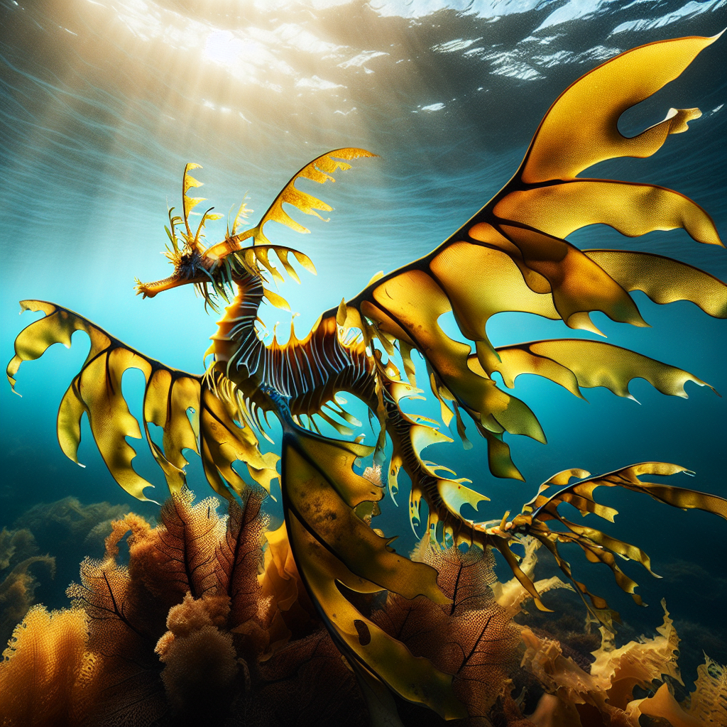 A yellow and orange leafy seadragon with elaborate leaf-like appendages floating among kelp in clear ocean water.