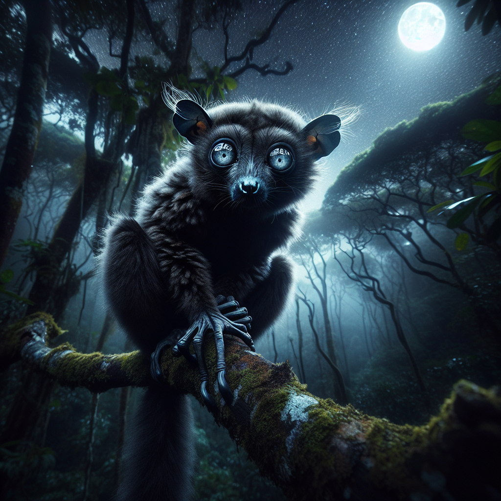 An aye-aye lemur with large luminous eyes and an extended skeletal finger clinging to a tree branch in a dark rainforest.