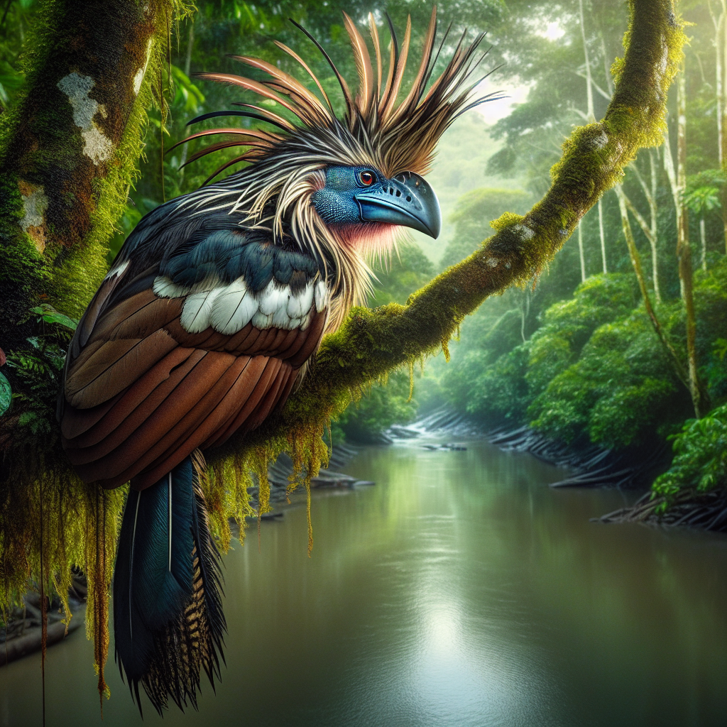 A hoatzin bird with its characteristic spiky crest and blue face perched on a branch in the Amazon rainforest.