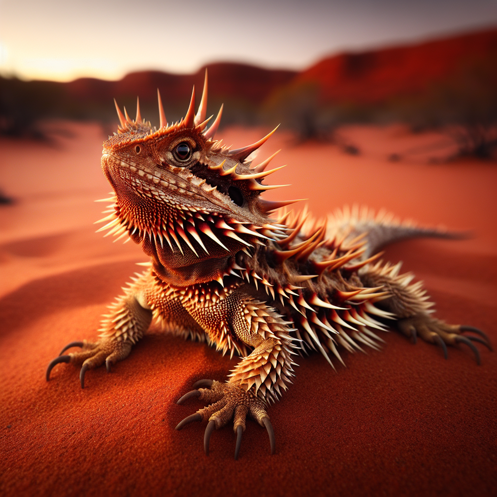 A spiky thorny devil lizard standing on red desert sand, its body covered in cone-shaped protective spines.