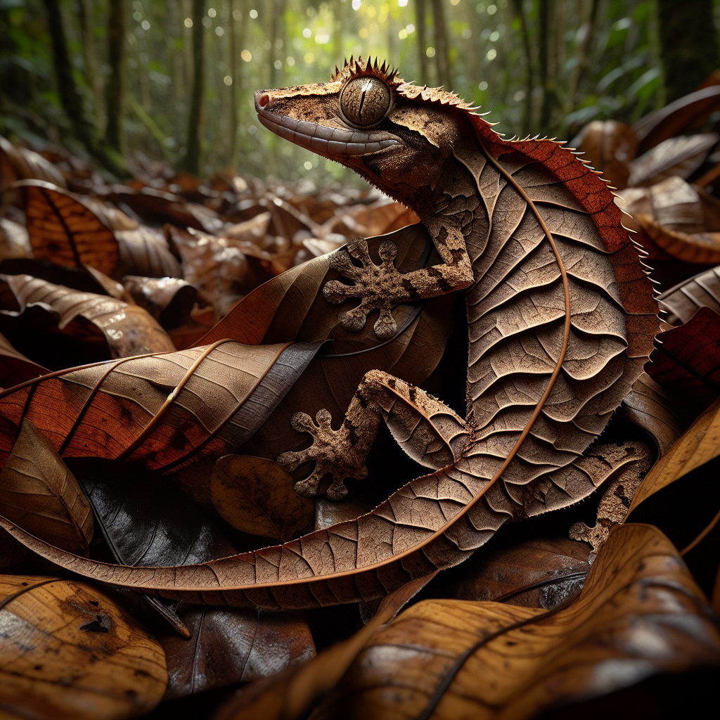 A small brown satanic leaf-tailed gecko camouflaged perfectly against dried leaves on a forest floor, its body mimicking the texture and shape of dead foliage.