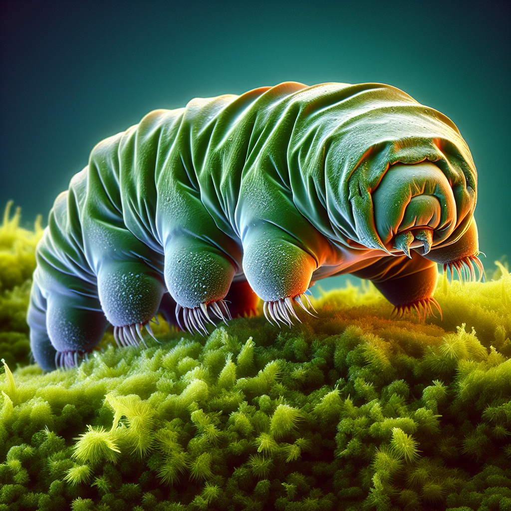 A microscopic tardigrade with eight legs and segmented body crawling on green moss, photographed in extreme detail.