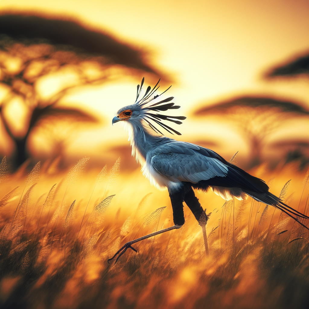 A tall secretary bird with grey feathers, black crest plumes, and long pink legs walking through golden savanna grassland.