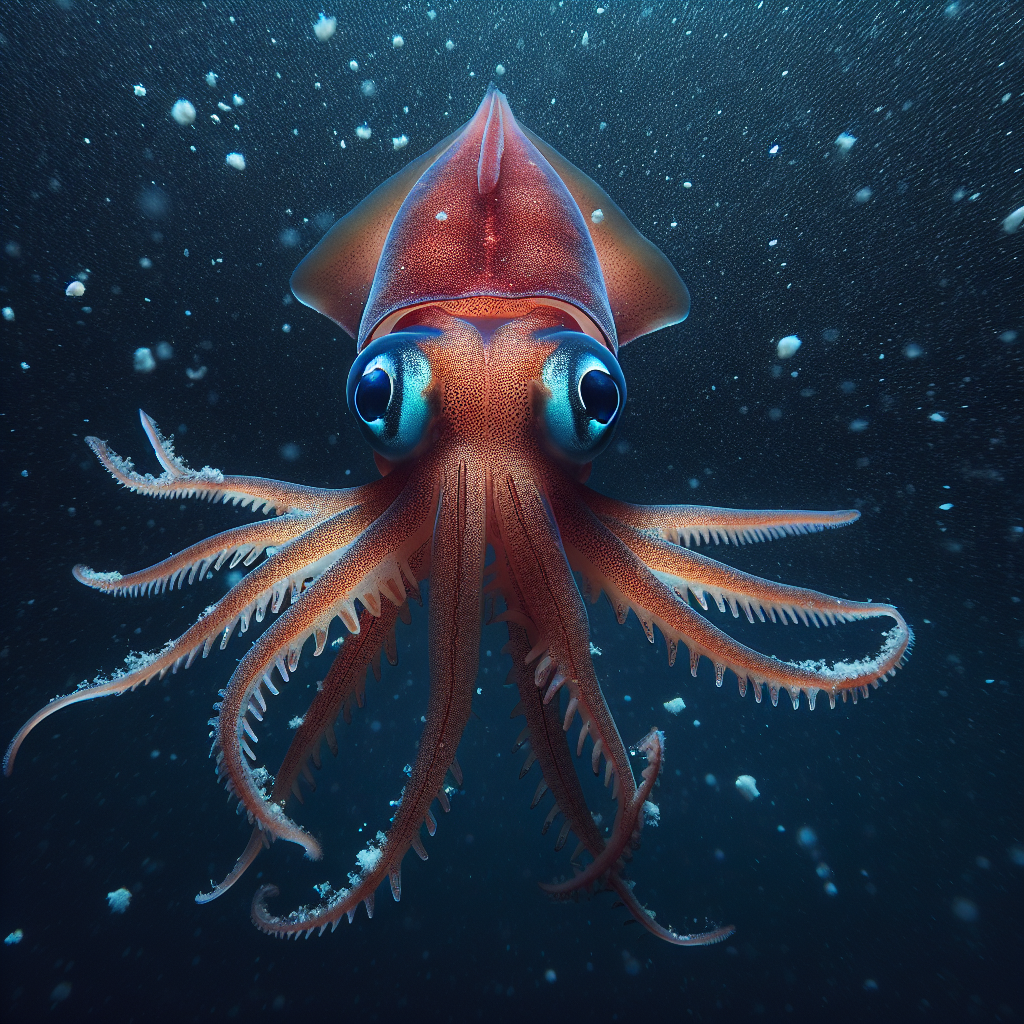 A vampire squid with spread webbed arms and prominent large eyes drifting in the deep ocean darkness.