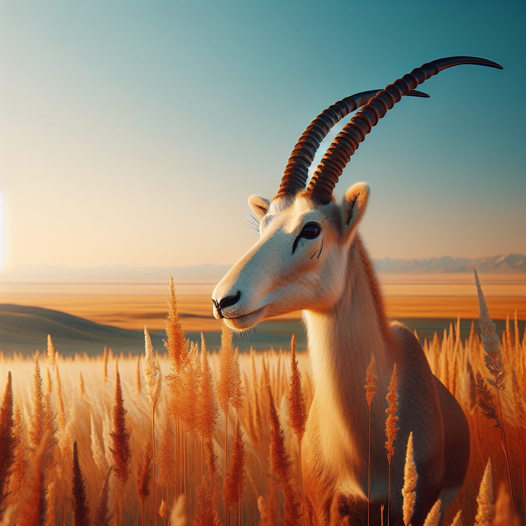 A saiga antelope with its characteristic large, bulbous nose standing in grassland habitat.