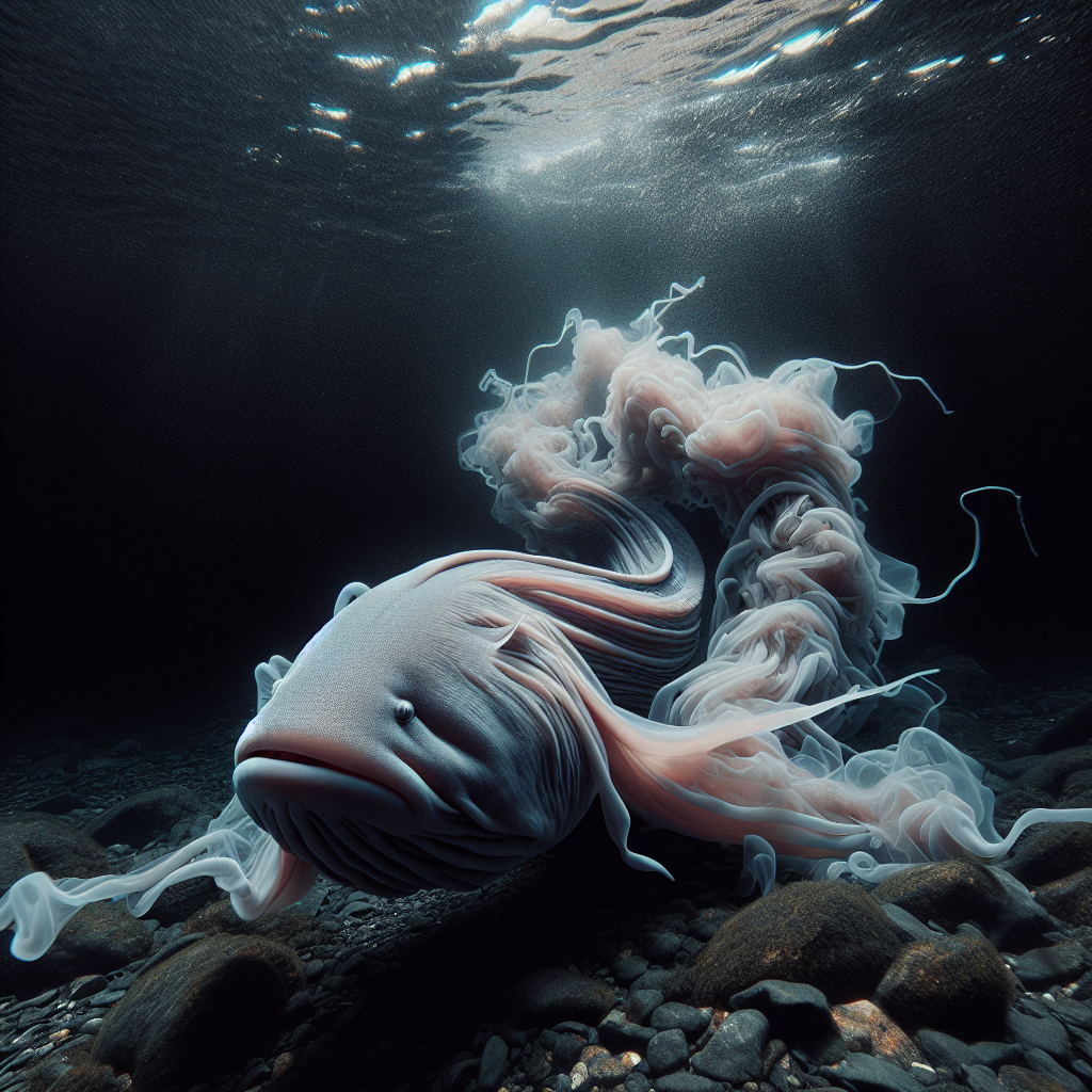 A pinkish-gray hagfish swimming in deep ocean waters with visible slime clouds around its elongated body.