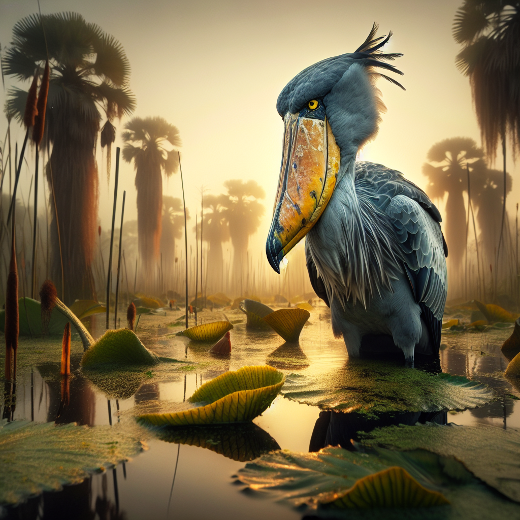 A tall shoebill bird with its distinctive massive shoe-shaped bill standing in a papyrus swamp at sunset