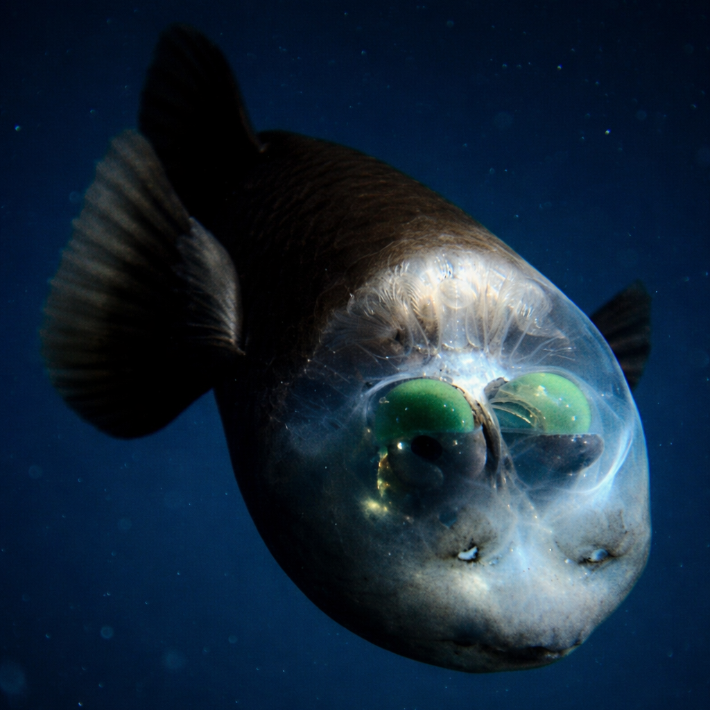 A barreleye fish with its characteristic transparent dome-shaped head revealing green tubular eyes inside, swimming in the deep ocean.