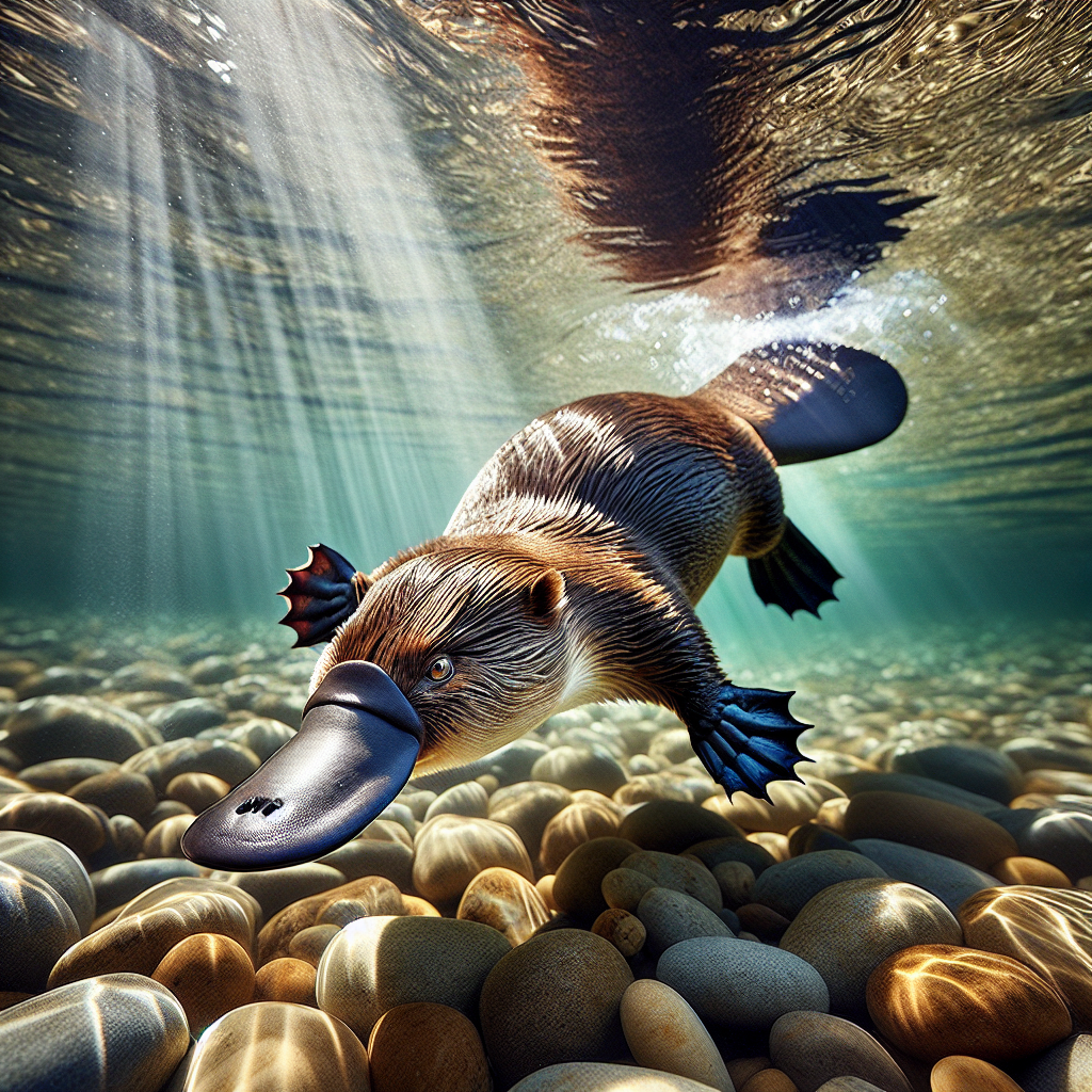 A platypus swimming underwater with its distinctive duck-like bill extended, searching for prey in a clear freshwater stream.