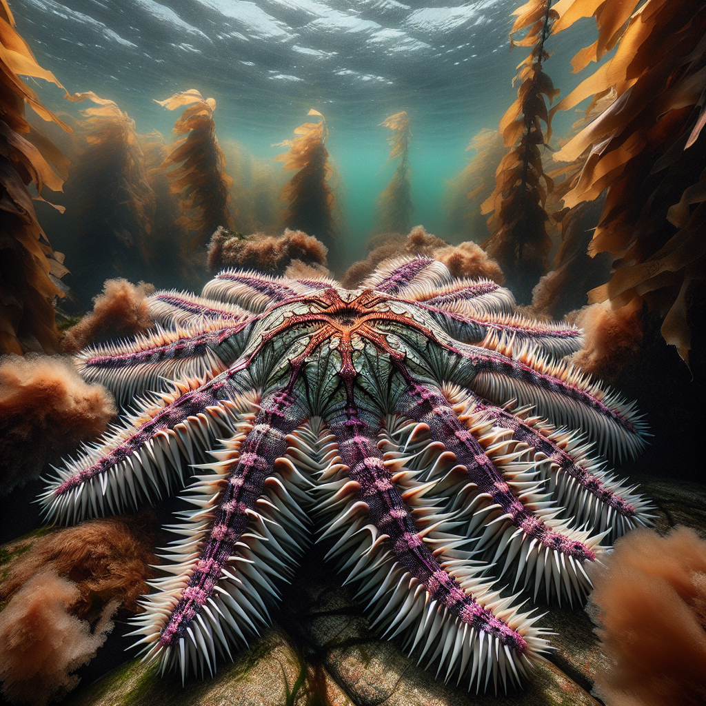 A large orange and purple sunflower sea star with numerous arms spread across a rocky seafloor surrounded by kelp