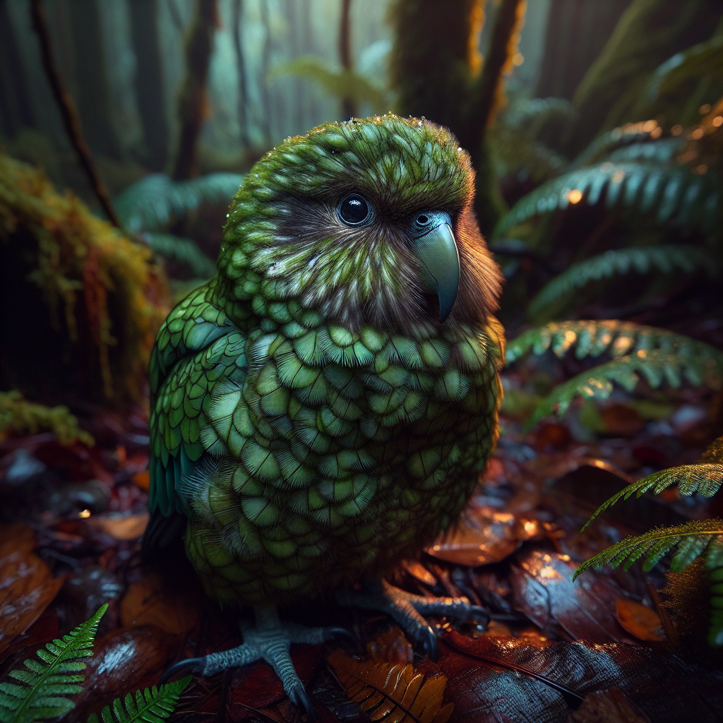A kakapo, a large green flightless parrot with an owl-like face, standing on the forest floor surrounded by ferns.