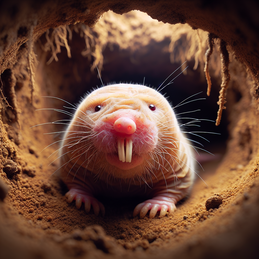 A naked mole-rat with wrinkled pink skin and large front teeth stands in an underground earthen tunnel.