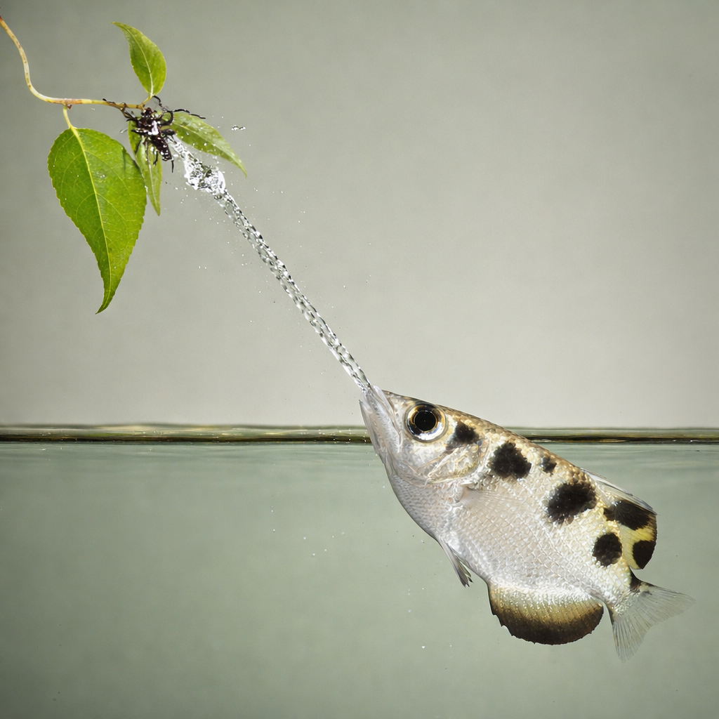 An archerfish with distinctive black and silver stripes shooting a stream of water upward from just below the water's surface toward prey.