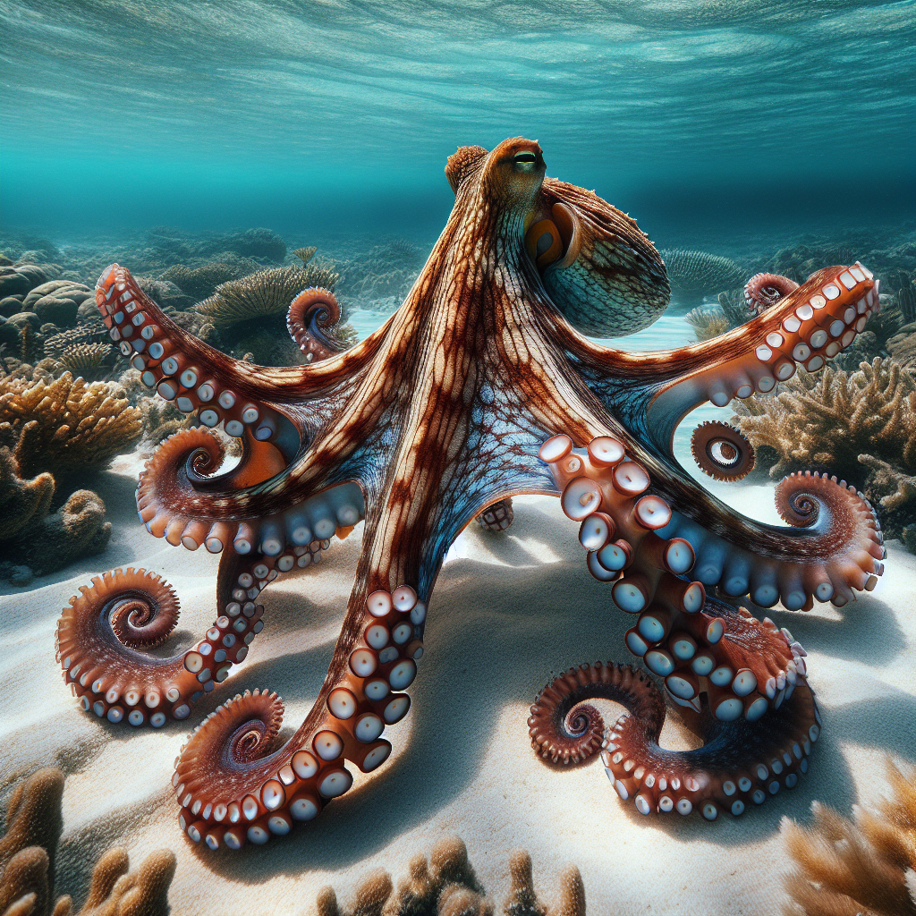 A brown and white striped mimic octopus with extended tentacles gliding across a sandy ocean floor in tropical waters.