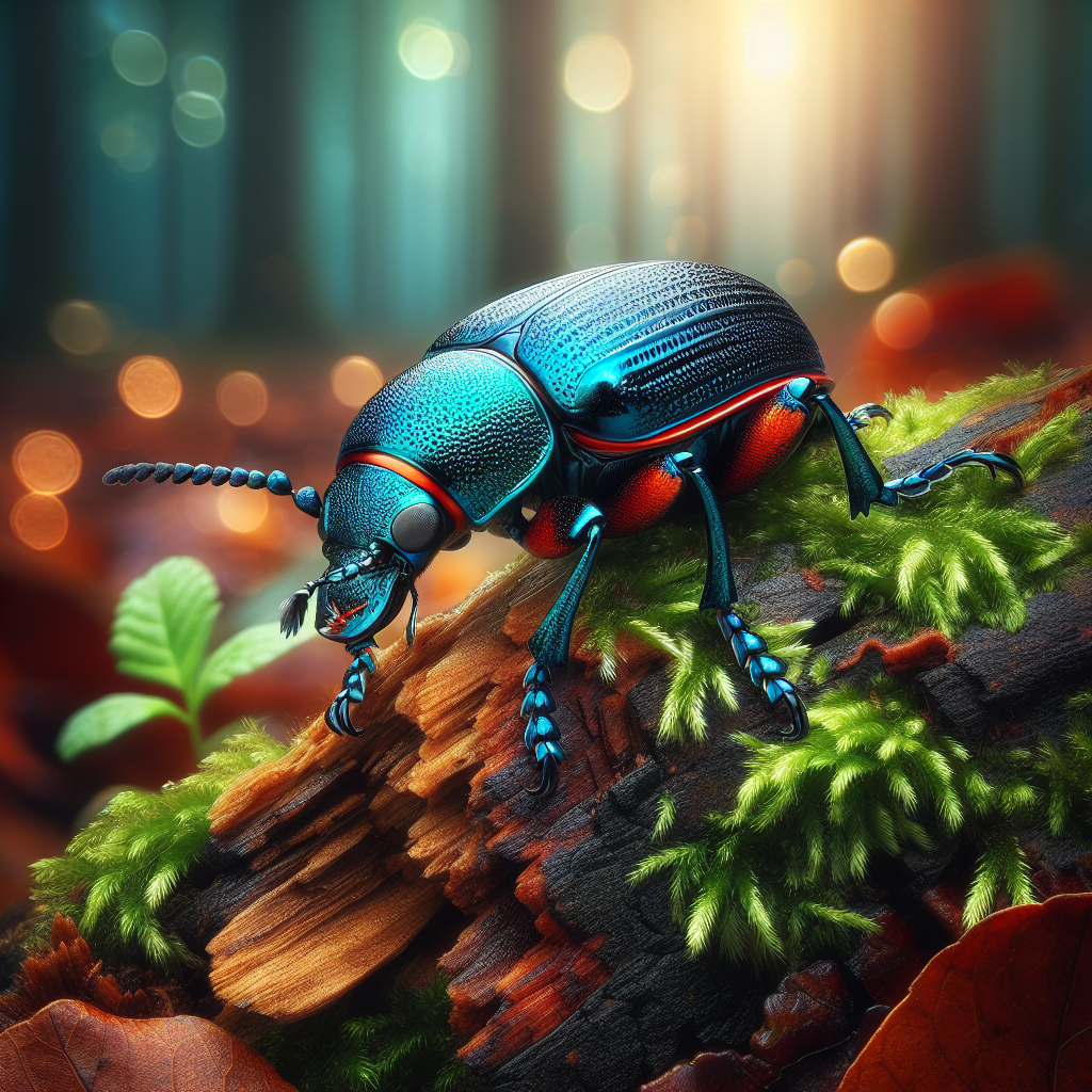 A bombardier beetle with metallic blue-black body and orange legs stands on textured tree bark in its natural forest habitat.