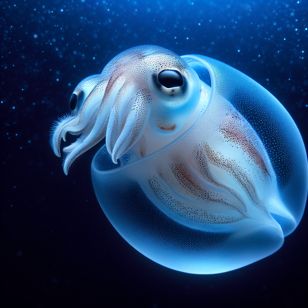 A small, translucent banded piglet squid with a round body and tentacles tucked underneath, appearing to smile in the deep ocean.