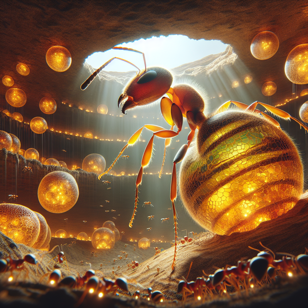 Honeypot ants with enormously swollen, grape-sized translucent abdomens hanging from a nest ceiling, surrounded by regular worker ants.