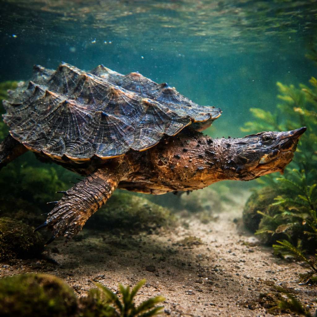 A matamata turtle camouflaged among leaves on a riverbed, showing its textured bark-like shell and algae-covered skin flaps.